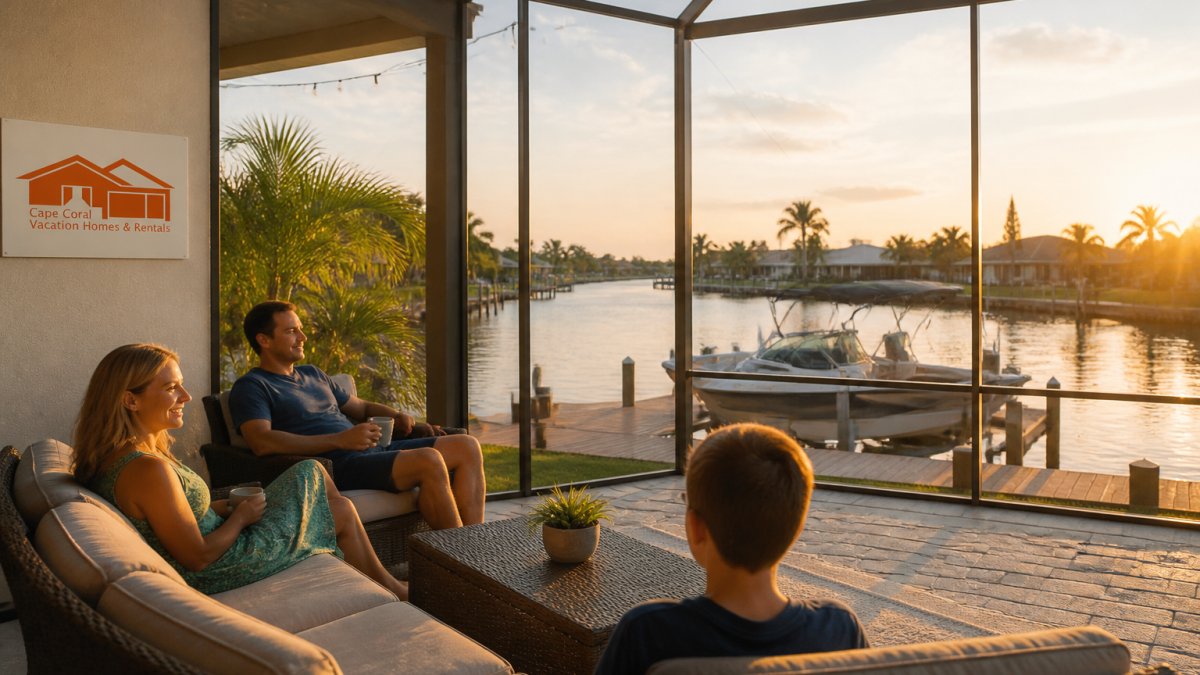 Family relaxing on a Cape Coral villa lanai at golden hour; book direct to enjoy private docks and boat access.