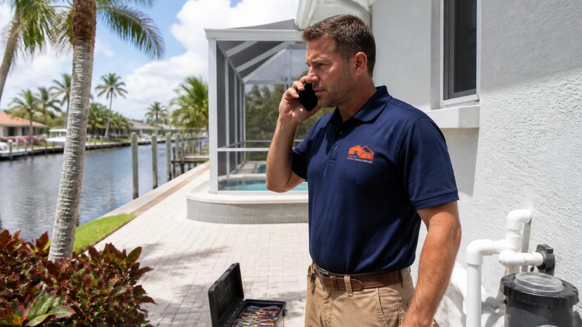 A maintenance technician in a polo shirt answering a call on his phone at the side of a Cape Coral villa with a canal and palm trees visible behind him, toolbox open on the ground