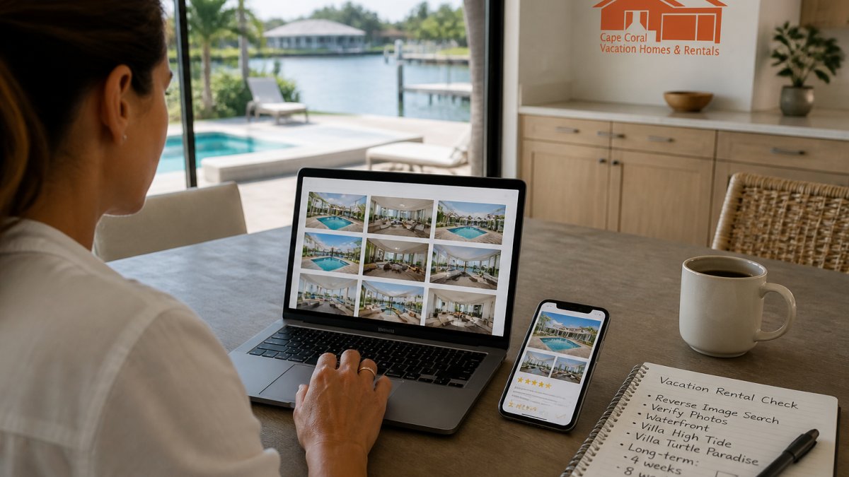Diagram showing the steps to verify vacation rental photos using a laptop, smartphone, and research notes.