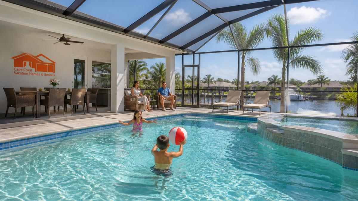 A sunlit saltwater pool at a Cape Coral villa with lounge chairs, palm trees, and a covered lanai, with a family relaxing in the background