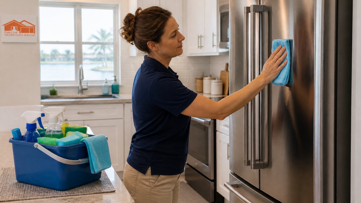 A housekeeper in a bright vacation rental kitchen wiping down a stainless steel refrigerator door with a microfiber cloth, cleaning caddy with spray bottles and scrub pads on the counter beside her, morning light through the window
