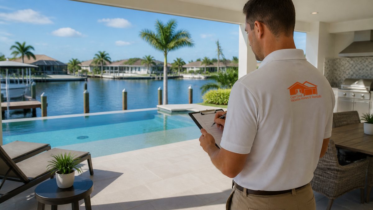 Professional property manager conducting a walkthrough inspection of a waterfront villa, checking amenities and taking notes on a tablet while reviewing the space